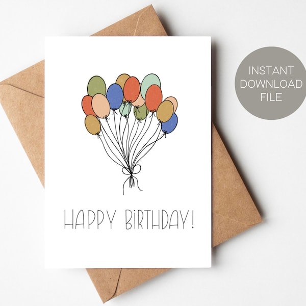 Printable birthday card, instant digital download pdf, fun birthday card, cute birthday, balloon card, digital birthday card, blank card