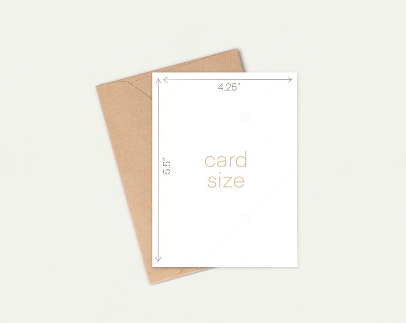 Op de afbeelding: Een witte kaart met de tekst "card size" en de afmetingen 4,25 inch bij 5,5 inch.