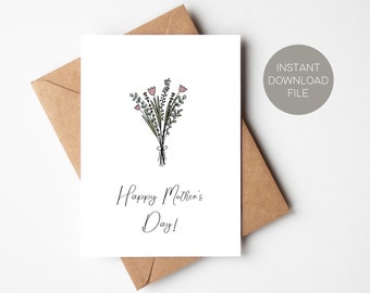 Printable Tulips Mother's Day Greeting Card, Blank Card For Mom Download, Digital Instant Download, Botanical Card, Happy Mother’s Day.