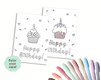 Coloring Birthday Card Printable, Kids Birthday Activity Card, Cupcake Coloring Card, Happy Birthday Printable, Instant Download