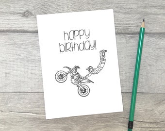 Dirtbike Birthday Card Printable | Digital Motorcross Bday Card | Kids Birthday Cards | Card for Boy | Color Your Own Card | Motorbike Card.