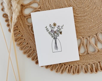 Printable botanical greeting card, instant digital download, floral bohemian card, print at home, minimal card, bouquet card, sympathy.