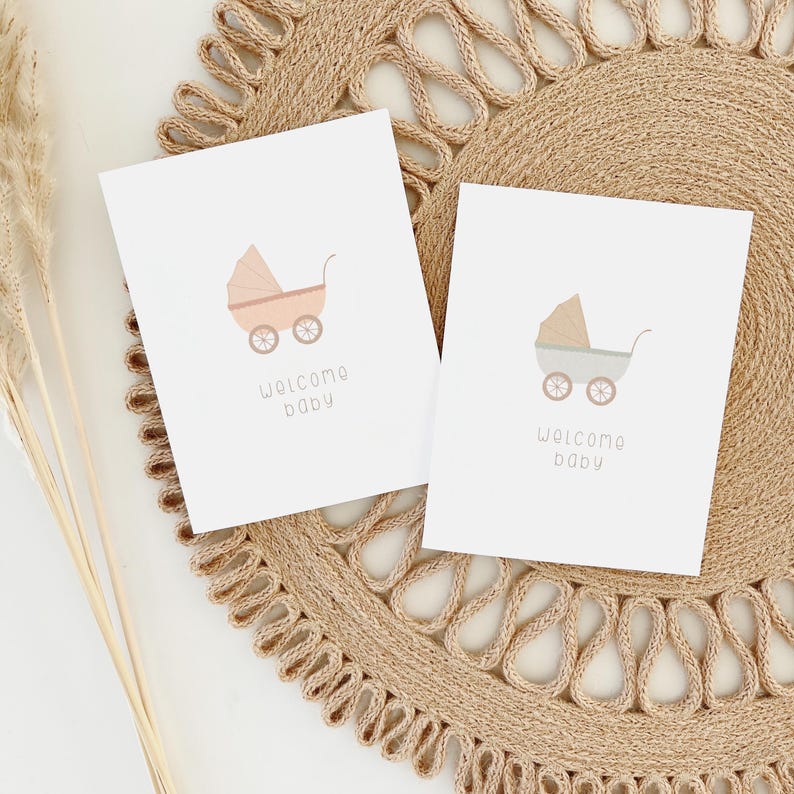 Boho welkomstbabykaart afdrukbaar | Genderneutrale babyshowerkaart | Digitale download nieuwe babykaart | Minimalistische babywenskaart afbeelding 1