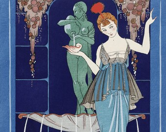 Vintage Poster La Fontaine de coquillages: Robe du soir de Paquin (1914) fashion illustration George Barbier