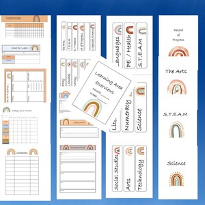 May include: Printable classroom organization and learning area overview pages with rainbow illustrations. The pages include sections for student records, learning area overviews, and record of progress. The pages are designed for teachers to use in their classrooms.