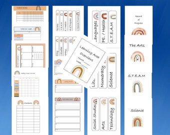 May include: Printable classroom organization and learning area overview pages with rainbow illustrations. The pages include sections for student records, learning area overviews, and record of progress. The pages are designed for teachers to use in their classrooms.