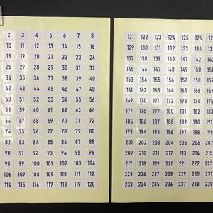 Autocollants numérotés rectangulaires, 2 feuilles A4 1-120, 121-240 en chiffres, 2,0 cm de large et 1,5 cm de haut autocollants auto-adhésifs