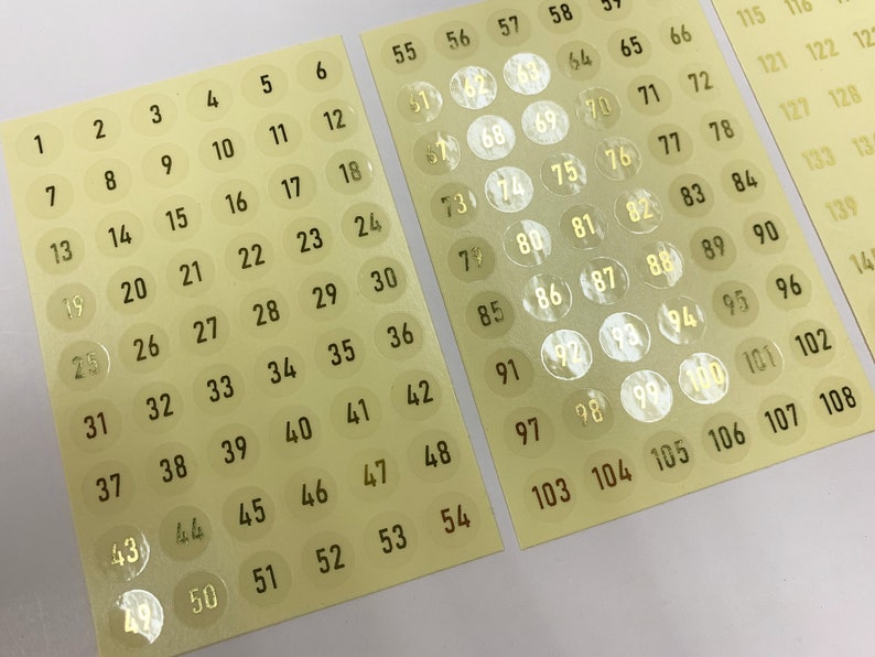 Gold Color Numbers Clear Stickers, 4 Sheets 1-54, 55-108, 109-162, 163 ...