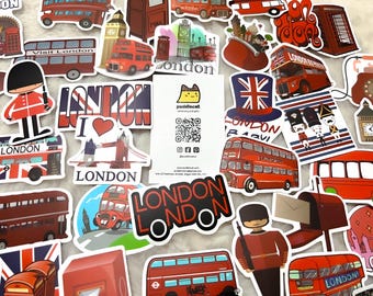Puede incluir: Una colección de pegatinas coloridas con temática londinense que incluyen autobuses rojos de dos pisos, la bandera de la Unión Jack, el Big Ben y una cabina telefónica roja. Las pegatinas son perfectas para decorar portátiles, botellas de agua y otros artículos personales.