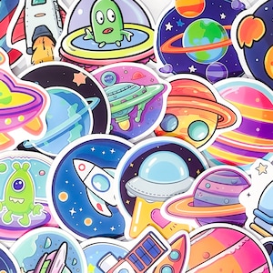 Juego de pegatinas espaciales de Cosmic Odyssey: Calcomanías galácticas para aventuras interestelares, estrellas, extraterrestres, cohetes, sol, tierra y luna.
