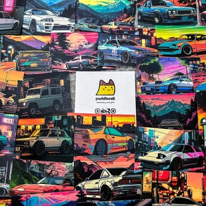 Puede incluir: Una colección de tarjetas ilustradas coloridas con coches japoneses antiguos. Las tarjetas presentan una variedad de coches, incluyendo un coche deportivo rojo, una berlina azul y una camioneta blanca. Las tarjetas están sobre un fondo de paisajes urbanos y naturales. Las tarjetas son perfectas para coleccionistas de coches japoneses o aficionados a la cultura del automóvil vintage.