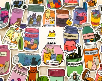 Anti-Depressants Jar Sticker –  Vinyl Sticker for Laptops, Water Bottles, and Journals – Perfect for Mental Health Awareness , cat capybara