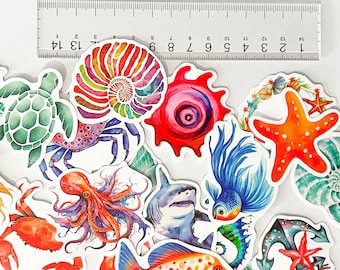 Watercolor Marine Life Cartoon Stickers - Cute Turtles, Fish, Shrimps, Starfish, Stationery, Water Cups, Suitcase Stickers