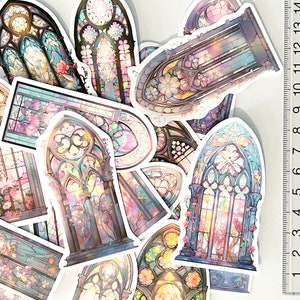Stickers style vitrail - fenêtre gothique, motif floral - ordinateur portable, bouteille d'eau, agenda