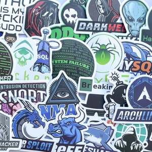 May include: A collection of colorful stickers featuring various computer-related themes, including hacking, programming, and cybersecurity. Some of the stickers feature text, such as "Dark Web", "System Failure", "Hack The Box", "MySQL", "Arch Linux", and "Snort".