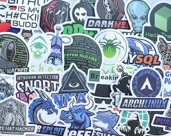 May include: A collection of colorful stickers featuring various computer-related themes, including hacking, programming, and cybersecurity. Some of the stickers feature text, such as "Dark Web", "System Failure", "Hack The Box", "MySQL", "Arch Linux", and "Snort".
