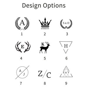 May include: A white background displays nine black design options. These include a laurel wreath with the letter "A", a crown with the word "ETERNITY", and initials within wreaths. Other designs feature antlers, a deer, and geometric shapes with letters.