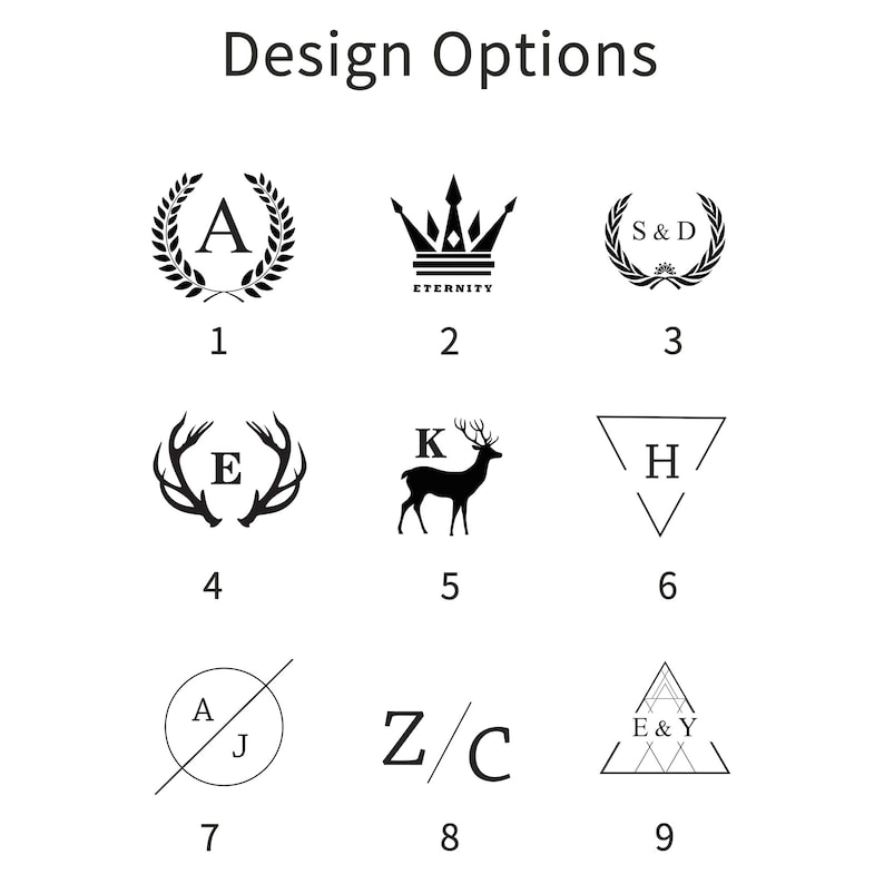 May include: A white background displays nine black design options. These include a laurel wreath with the letter "A", a crown with the word "ETERNITY", and initials within wreaths. Other designs feature antlers, a deer, and geometric shapes with letters.