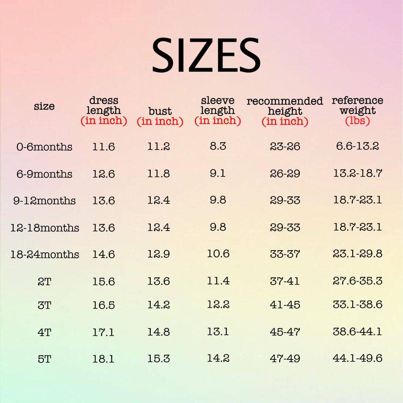 May include: A chart showing dress sizes for children from 0-6 months to 5T. The chart includes dress length, bust, sleeve length, recommended height, and reference weight in inches and pounds.