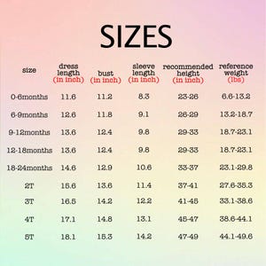 May include: A chart showing dress sizes for children from 0-6 months to 5T. The chart includes dress length, bust, sleeve length, recommended height, and reference weight in inches and pounds.