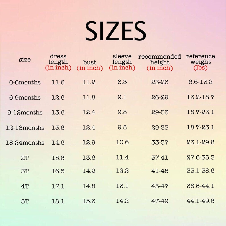 May include: A chart showing dress sizes for children from 0-6 months to 5T. The chart includes dress length, bust, sleeve length, recommended height, and reference weight in inches and pounds.