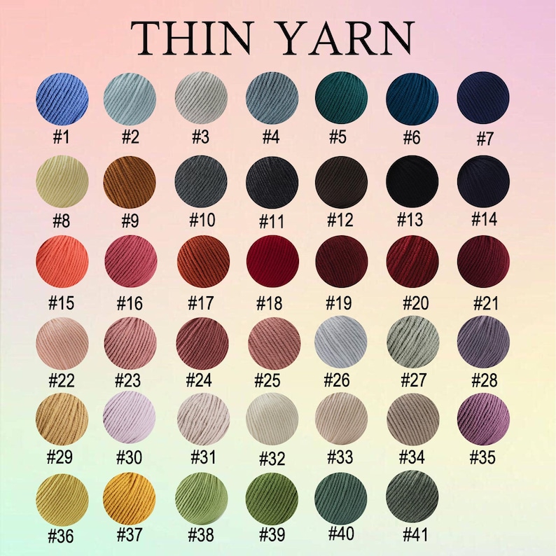 May include: A chart of 41 different colours of thin yarn, labelled with numbers 1 through 41.