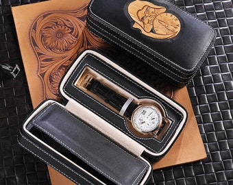 Boîte de montre en cuir gravé, boîtier de montre de luxe, boîte de montre de voyage pour hommes, rouleau de montre, cadeau pour lui, cadeau de marié