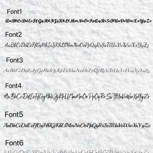 May include: Image showcasing six different font options, each with a sample of the alphabet in a variety of styles. The text "Font Options" is at the top. The fonts range from elegant cursive to more casual styles.