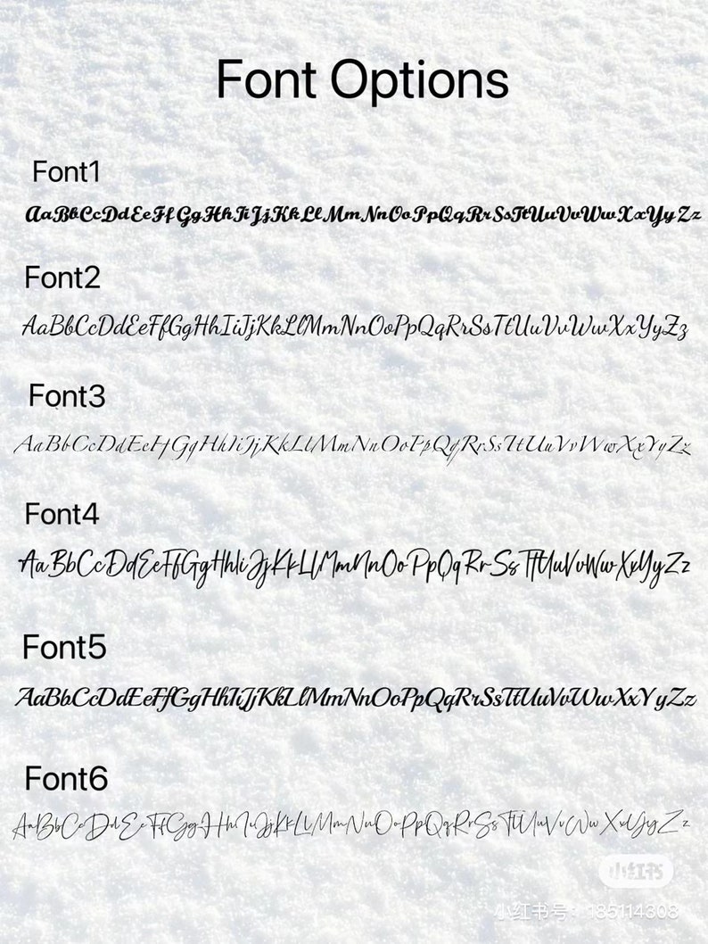 May include: Image showcasing six different font options, each with a sample of the alphabet in a variety of styles. The text "Font Options" is at the top. The fonts range from elegant cursive to more casual styles.