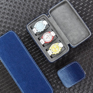 Custodia per orologio personalizzata, scatola per orologio in denim per 1 3 5 orologio, scatola per orologio da viaggio per uomo, rotolo di orologio ， regalo per lui, regalo per lo sposo ，