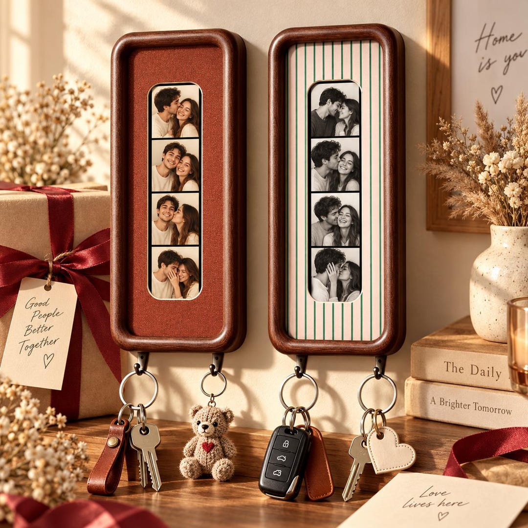 Personalized Key Holder With Photo, Custom Wooden Wall Key Rack, Couple ...