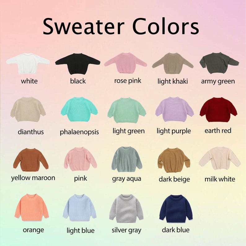 May include: A chart displaying 18 different sweater colours, including white, black, rose pink, light khaki, army green, dianthus, phalaenopsis, light green, light purple, earth red, yellow maroon, pink, grey aqua, dark beige, milk white, orange, light blue, silver grey, and dark blue.
