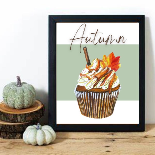 Autumn Cupcake Print - Realistic Colored Pencil Drawing - Fall Art - Digital Download - Printable - Food Drawing - Fall Home Decor- Seasonal