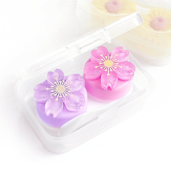 Cute Designer Contact Lens Travel Case Waterproof and Pretty Pink and Purple Sparkle Floral Flowers