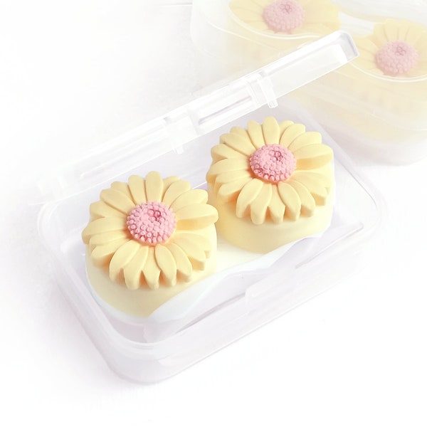 Designer Contact Lens Case for Soft Lenses. Waterproof Travel Container Pretty Yellow Daisies