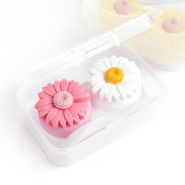 Designer Handmade Contact Lens Case, Waterproof, Pretty Pink and White Floral Daisy