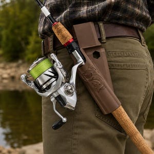 Peut inclure: Un porte-canne à pêche en plastique marron fixé à une ceinture, maintenant une canne avec une poignée en liège et un moulinet argenté doté d'un fil de pêche vert néon. Le support présente un motif de poisson moulé sur la surface latérale.
