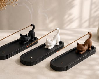 Porta incienso con forma de gatito estirándose / Quemador de incienso con forma de gato impreso en 3D, decoración zen