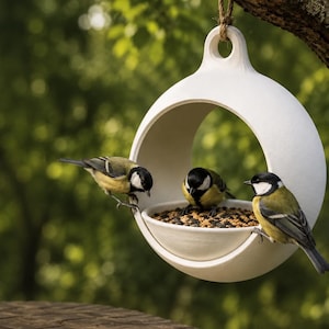 May include: A white, circular, hanging ceramic bird feeder with a central bowl filled with mixed seeds. Three small yellow and black birds are perched on the rim and edge of the feeder, eating the seeds from the bowl suspended by a rope.