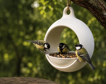 Puede incluir: Un comedero para pájaros de cerámica blanca, circular y colgante, con un cuenco central lleno de semillas variadas. Tres pequeños pájaros amarillos y negros están posados en el borde del comedero, comiendo las semillas del cuenco.
