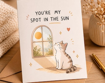 Tarjeta para amantes de los gatos, felicitación romántica de aniversario, ilustración acogedora, interior en blanco.