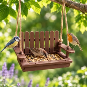 Op de afbeelding: Een bruine kunststof vogelvoederbak in de vorm van een miniatuur tuinbankje met een hekwerk als rugleuning. De voederbak hangt aan twee dikke jutekoorden en is gevuld met vogelzaad. Een pimpelmees, een mus en een roodborstje zitten op de voederbak.