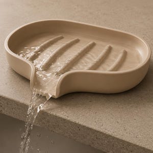 Può includere: Un portasapone in ceramica beige dal design unico. Il piatto ovale presenta creste rialzate e un beccuccio per il drenaggio dell'acqua. L'acqua scorre dal piatto, creando un aspetto visivo di funzionalità e design.