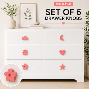 Set of 6 3D Printed Drawer Knobs – Cloud, Moon, Sun, Heart, Flower, Star Designs