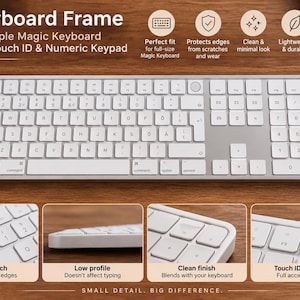 May include: A white keyboard frame for an Apple Magic Keyboard with Touch ID and numeric keypad. The frame features a low-profile design that covers the top edges while maintaining full access to all keys, including the Touch ID sensor.