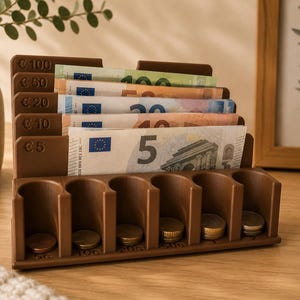 Può includere: Un organizzatore di denaro in legno marrone con fessure per banconote e monete. L'organizzatore ha fessure etichettate per diverse denominazioni di euro, con banconote visibili. Le monete sono nelle fessure inferiori.