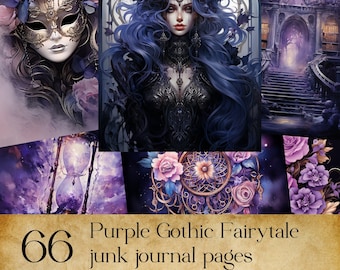 Large Bundle, Purple Junk Journal Paper, Digital Download, Watercolor, Mixed Media, Gothic, Carriage, Flowers, Frames, Other, Purple, Black