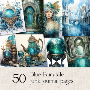 Large Bundle, Blue Fairytale Junk Journal Paper, Digital Download, Watercolor, Mixed Media, Fantasy, Blue, Turquoise, Castle, Princess, Wing