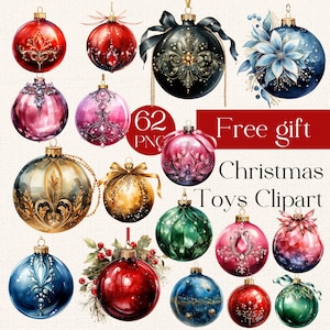 62 Watercolor Christmas Toys Clipart, Christmas Pictures, Christmas Baubles, Winter Holidays, Printables, Transparent Background, PNG