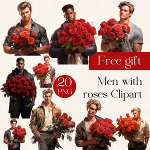 Man with Roses Clipart Set, Valentine&#39;s Day Flowers Set, Valentine&#39;s Day Watercolor Clipart, Valentine&#39;s Day Illustrations PNG, Card Making
